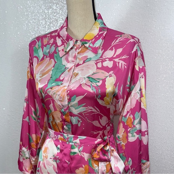 Zara Vibrant Satin Floral Women's collared button down shirt dress Large - Picture 6 of 15